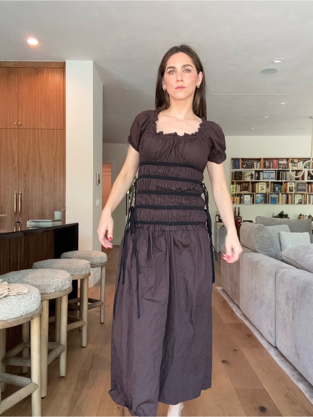 Topshop Brown Smocked Waist Midi Dress